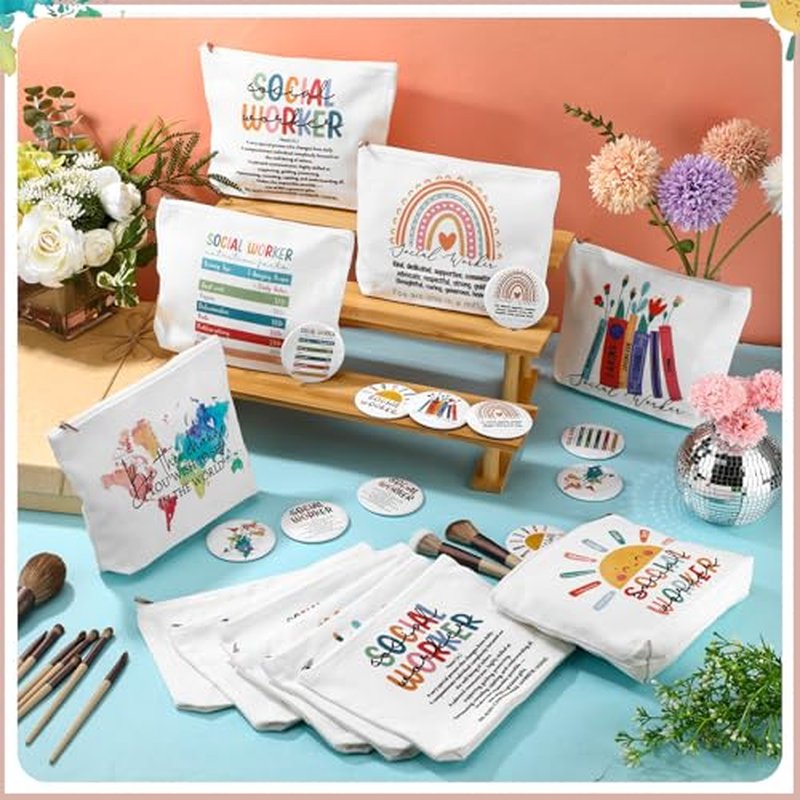 24 Sets Social Worker Gifts Bulk for Women Canvas Cosmetic Bags Makeup Bags and Compact Mirrors Social Worker Appreciation Gifts for MSW LCSW Home Office Decoration