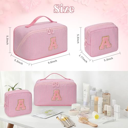 Easter Basket Gifts for Girls Women - Travel Makeup Bag for Women, 2Pcs Portable Personalized Initial Makeup Organizer Bag, Open Flat Large Cosmetic Bag With Travel Essential Pouch (Pink Letter C)