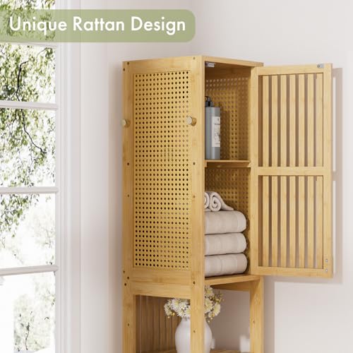 Tall Bathroom Storage Cabinet - Bamboo with Rattan Doors, Adjustable Shelves, Natural Color, 70 Inch