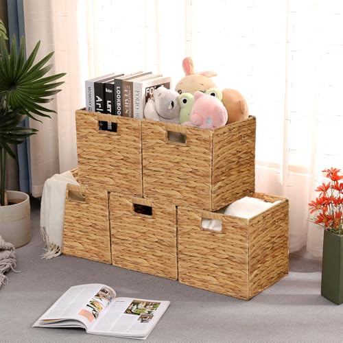 11x11in Water Hyacinth Wicker Storage Baskets Set of 5 Collapsible Organizers