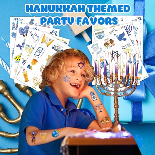 96 PCS Happy Hanukkah Pre-cut Temporary Tattoos Sticker Birthday Light Chanukah Party Decorations Supplies Favors Boys Girls Menorah Star David Dreidel Cute Fake Tattoo Reward Themed Christmas Holiday