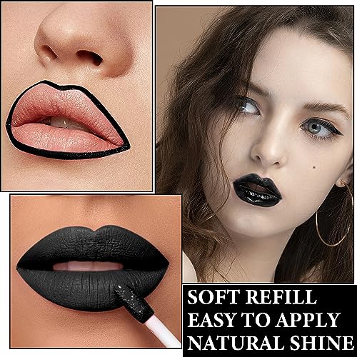 Black Matte Liquid Lipstick,3 in 1 Black Lip Liner and Lipstick Set,Matte Lip Gloss Long Lasting Moisturizing Velvet Lipgloss Make Up Gift Set Cosplay Goth Halloween Special Effects Makeup Kit