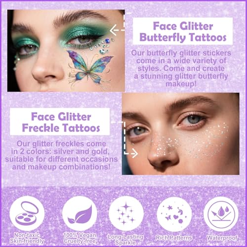 Yosca Butterflies Glitter Tattoos, 14Pcs Sparkle Butterfly Temporary Tattoos, 6Pcs Metallic Gold Silver Glitter Freckles for Eye Face Makeup Mermaid Butterfly Party Favors Butterflies DIV Accessories