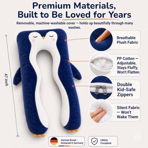 Penguin Kids Body Pillow - Blue U-Shape Plush Animal Pillow for Sleep & Comfort