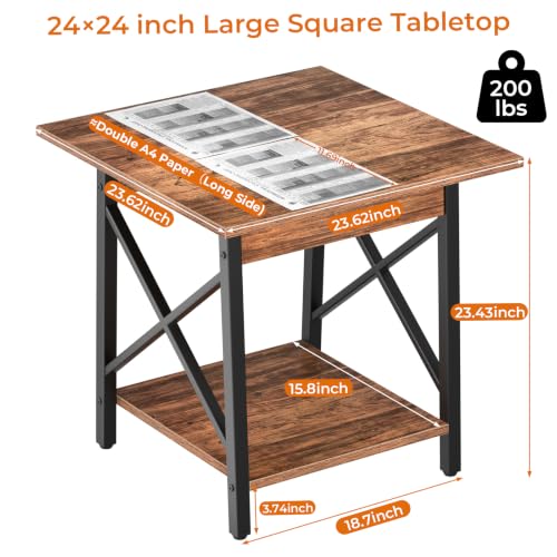 GreenForest Walnut 24 Inch Square End Table with X-Frame & Large 2-Tier Storage