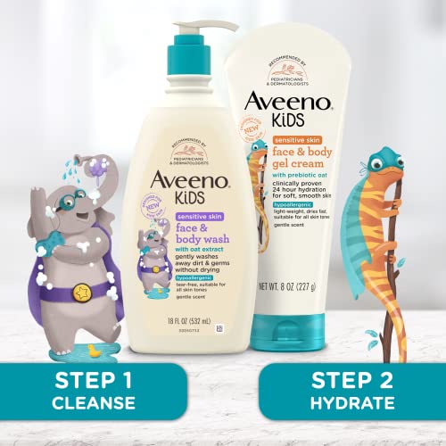 Aveeno Kids Sensitive Skin Face & Body Wash With Oat Extract, 18 fl. Oz with Aveeno Sensitive Skin Face & Body Gel Cream for Kids with Prebiotic Oat, 8 oz
