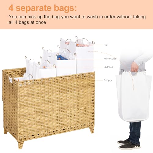 Laundry Hamper with 4 Removable Liner Bags - 176L Natural Rattan & Iron Frame - With Lid