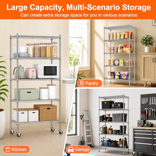UEAKPIC 5-Tier Wire Shelving Unit Silver-Gray 29.5" W x 13.8" D x 61" H - Heavy Duty Metal Storage Rack with Wheels & Adjustable Shelves