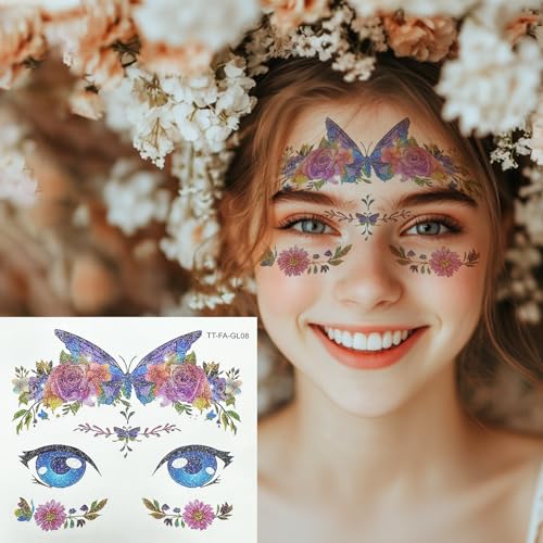 Konsait 10 Sheets Glitter Face Tattoos Animal Fake Tattoos for Girls Face Makeup Tattoo Mermaid Butterfly Temporary Face Tattoo Birthday Halloween Makeup Stickers Party Favors
