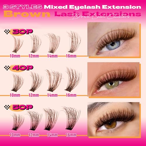 Eefofnn Brown Eyelash Clusters Kit 300 Pcs Natural Lash Clusters Kit 30P+40P+50P Brown Cluster Eyelash Extensions Kit Wispy Individual Lashes Bond and Seal Glue Fuzzy Lashes Extension Kit DIY at Home