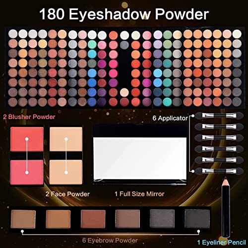 Women Makeup Set with 190 Colors Eyeshadow Blush Eyebrow Powder Face Concealer & Mirror