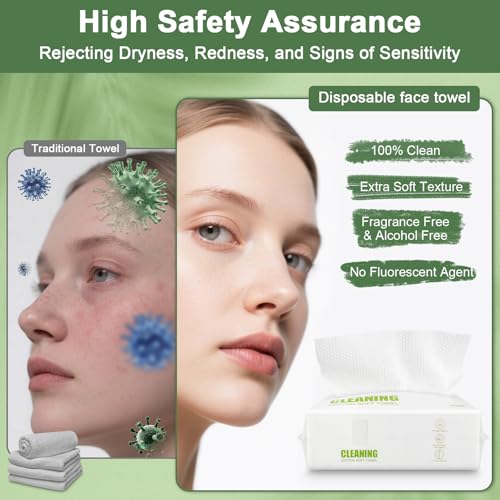 Disposable Face Towels ? 60 Count Biodegradable Facial Cleansing Cloths ? Lint-Free, Unscented, Extra Thick Soft Towelettes for Sensitive Skin & Makeup Removal