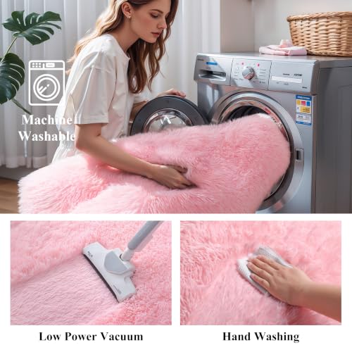 Pink Fluffy Area Rug 8x10 ft - Washable Fuzzy Shag Carpet for Living Room
