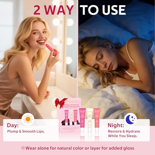 KIMUSE 3 Pack Tinted Lip Butter Hydration Balm, Hydrating Lip Treatment with Hyaluronic Acid & Vitamin E, Tinted Lip Balm for Instant Moisture, Shine & Hydration, Supple Lips, Vegan & Cruelty-Free