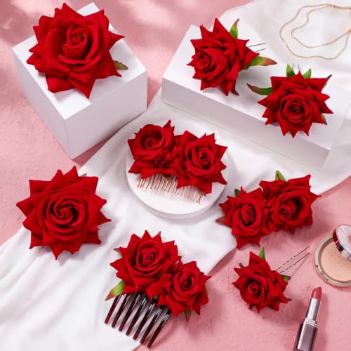 20 Pcs Mexican Rose Hair Accessories Set for Women - Vintage Bright Red