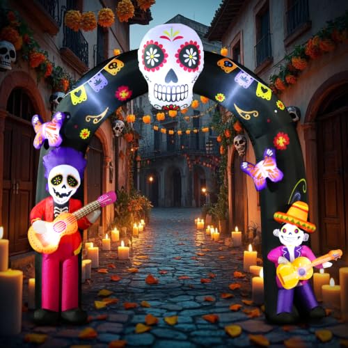 Large Halloween Inflatable Archway with LED Lights - Day of the Dead Sugar Skull & Skeleton Decor