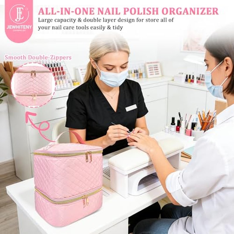 JEWHITENY Nail Polish Organizer Bag Holds 30 Bottles & Nail Lamp,Double-Layer Nail Polish Storage Bag with Adjustable Dividers,Portable Nail Kit Bag For Nail Stuff & Manicure Tools (Pink)