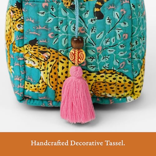 Saffron Marigold Handmade Quilted Cotton Makeup Bag Set of 3 Turquoise Cheetah Trails