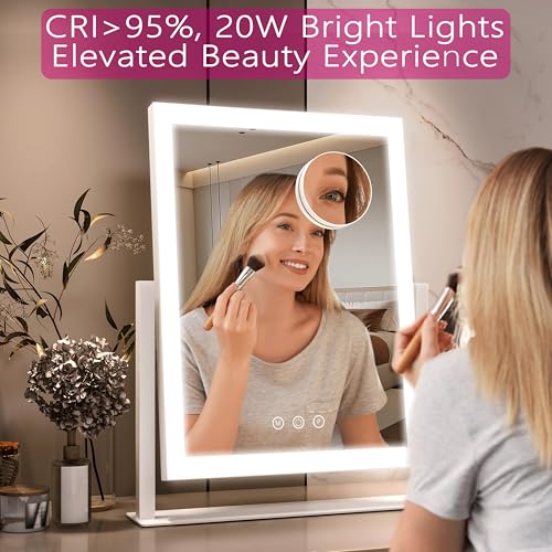 Hollywood Vanity Mirror with Lights, 17" L x 13" W LED Lighted Makeup Mirror, Dimmable & Three Color Lighting Modes, 10X Magnification Mirror, CRI>95% HD, 20W High Brightness (96 LED)