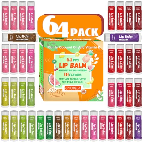 64 Pack Natural Lip Balm Set with Vitamin E & Coconut Oil - 16 Flavors, Mini Chap Sticks for Kids & Adults - Non-GMO
