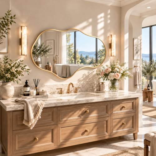 Gold Bathroom Mirror for Over Sink - Cloud-Like Wall Mirror 22x36 inches - Rose Gold Variation