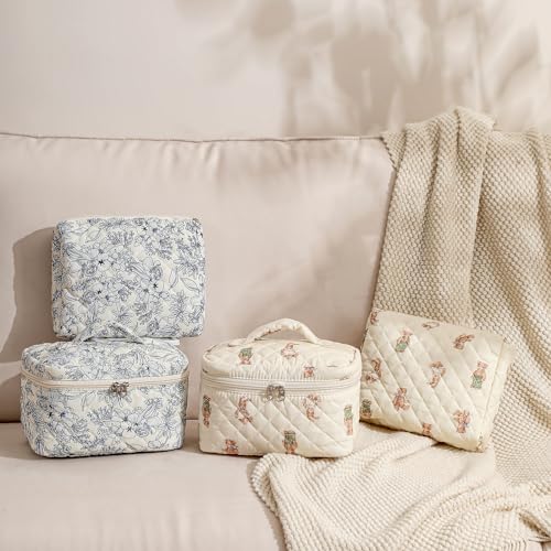 3 Pcs Quilted Cotton Makeup Pouch, Coquette Floral Quilted Toiletry Makeup Bag for Women and Girls, Aesthetic Travel Organized Cosmetic Bags(03Bear Pattern)