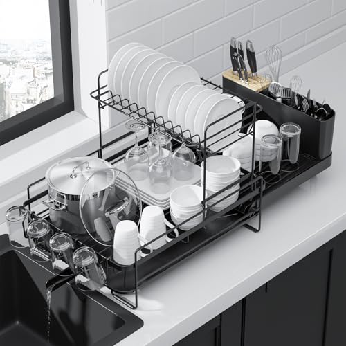 Kitsure Extendable Dish Drying Rack 2-Tier Black, Adjustable Kitchen Drainer