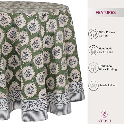 Kari Green Cotton Round Tablecloth 90 Inches - Handprinted French Provencal Decor