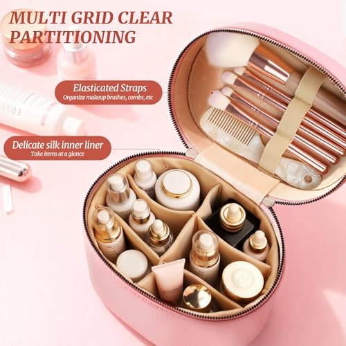 Makeup Case for Women,Travel Make Up Bag Organizer With Compartments and Handle,Portable Cosmetic Bags for Girl,Toiletry Bag for Women - Pink