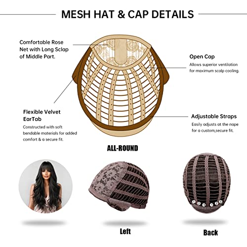 BERON Natural Black Long Wavy Wig with Bangs, Heat‑Resistant Synthetic, 65cm, Adjustable Cap