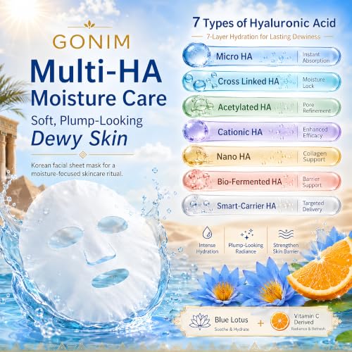 GONIM Hydrating Korean Face Mask Pack of 10 with Hyaluronic Acid & Vitamin C - Yellow