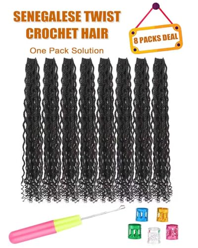 8 Packs Senegalese Twist Crochet Hair - 24 Inch Kinky Synthetic Braids with Curly Ends, Pre Looped for Black Women - Variation of 2 / 24 Inch
