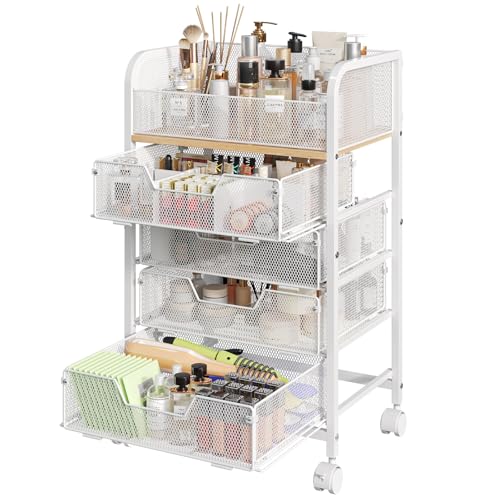 Makeup Cart Organizer with 4 Drawers, Large Floor Skincare Organizers, Vanity Storage Organizer Cosmetics Display Cases for Skin Care Perfume Nail Polish, White