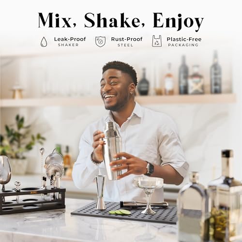 Mixology Bartender Kit with 24oz Silver/Black Cobbler Shaker & Recipe Cards