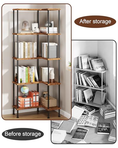 Rustic Brown 5-Tier L-Shaped Corner Bookshelf - Modern Storage Shelf