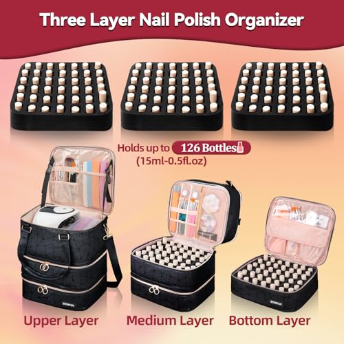 Nail Polish Organizer Bag Holds 126 Bottles (15ml/0.5fl.oz)& Nail Lamp, 3 Layers Detachable Nail Kit Storage Case PU Leather, Large Travel Nail Supplies Shoulder Bag for Manicure Tools (Black)