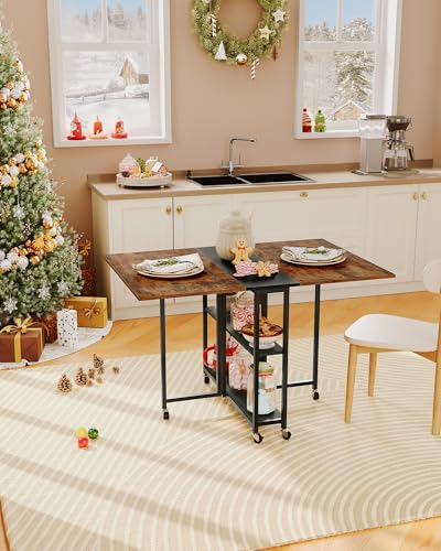 Rustic Brown Folding Dining Table with Wheels & 2-Tier Shelf - Expandable Kitchen & Living Room Furniture