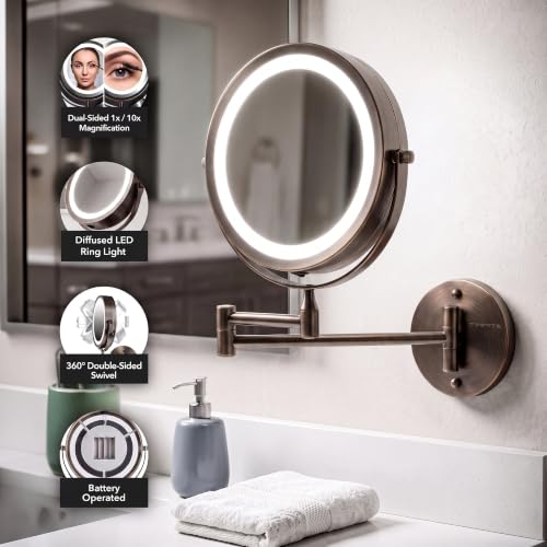Wall Mounted Lighted Makeup Mirror - 7 Inch, 8.5 x 6.8 Inches, 7X Magnification, Antique Bronze