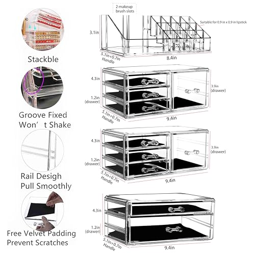 Clear Makeup Drawer Organizer Set - Stackable Acrylic Storage for Vanity & Beauty Products