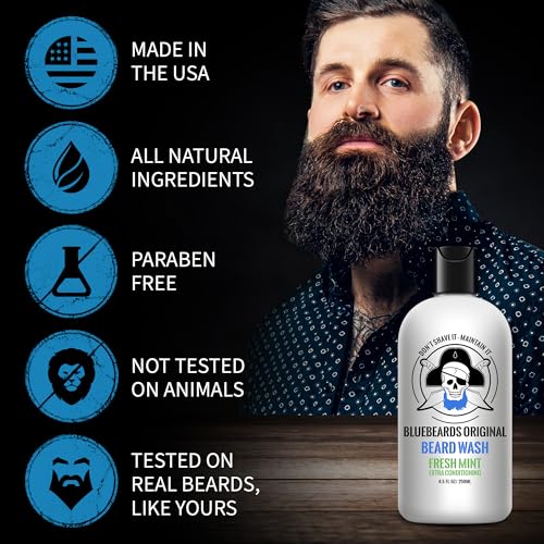 Bluebeards Original Fresh Mint Beard Care for Men, 8.5 oz. - Natural Peppermint Oil Formula for Deep Cleansing, Softening, and Conditioning Beard and Skin - Made in USA