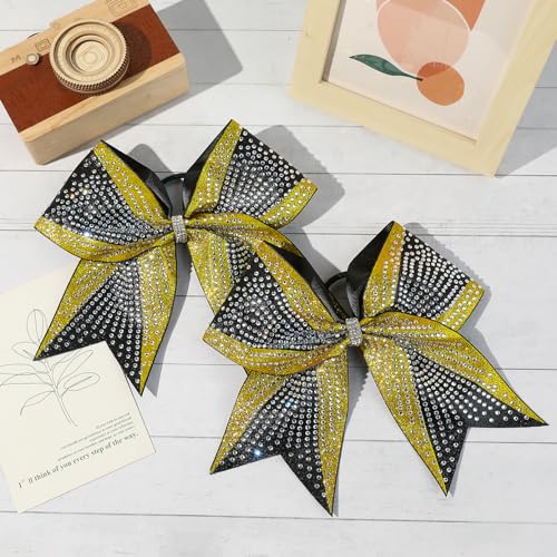 6 Pack Large Glitter Gold and Black Cheer Bows - Rhinestone Hair Accessories for Cheerleaders, Sports Teams, Girls, 8 Inch