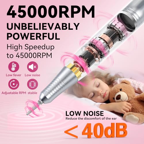 45000RPM Professional Portable Nail Drill Electric File with Pink diamond£¬ Rechargeable Nail E File Machine with Bits & Clean for Acrylic Nails Remove Nail Gel Polish Manicure, Cordless