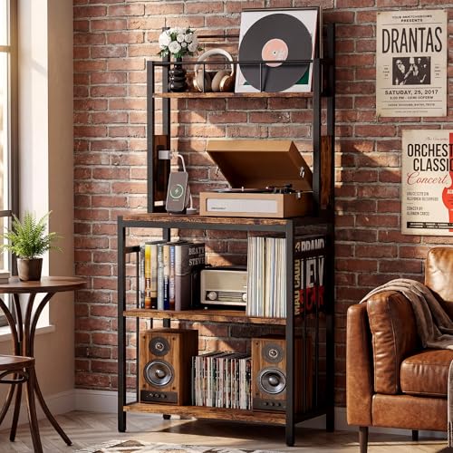 Wooden Record Player Stand with Storage and Power Outlets - Space Saving Vinyl Rack
