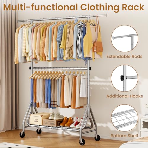 Heavy Duty Clothes Rack with Double Rods & Lockable Wheels - Silver, 560lbs Capacity