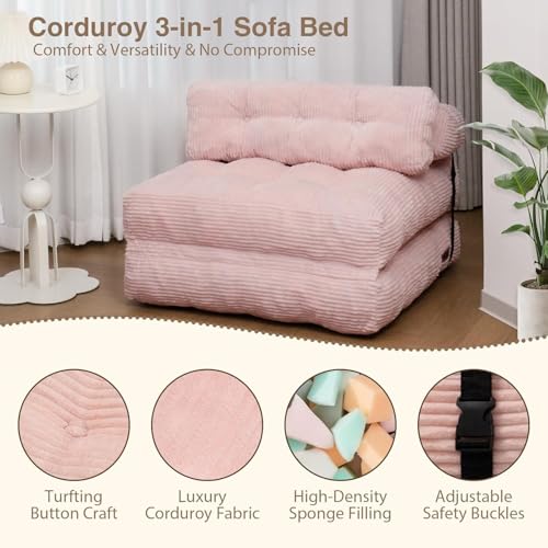 Corduroy Folding Sofa Bed Chair - Pink, Single Variation
