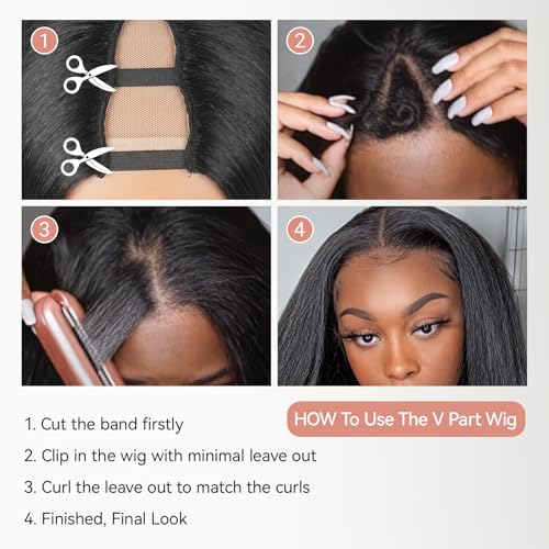 Yaki Straight V Part Wig for Black Women 26 Inch Natural Black 180% Density Glueless Synthetic Hair