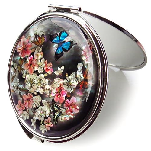 MADDesign Mother of Pearl Makeup Compact Mirror Dual Folding Magnify Apricot Flower Butterfly