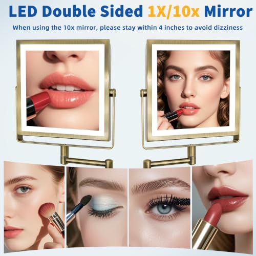 Ruacq Wall Mounted Makeup Mirror with Lights 1X/10X - Antique Brass