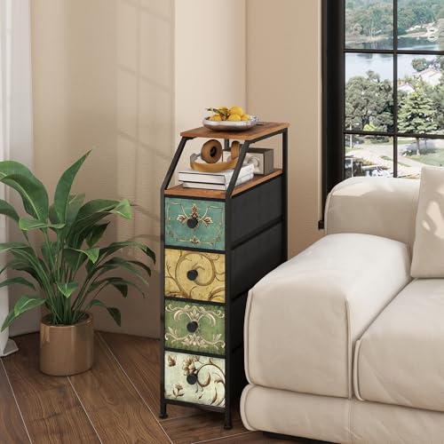 Retro Flower Narrow Vertical Dresser with Charging Station, 4 Drawers - Slim Storage Tower for Bedroom, Bathroom, Small Spaces