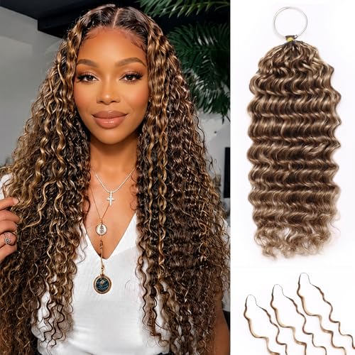 Pre-Separated Human Crochet Hair P4/27/30 Ombre Brown Blonde 20 Inch Deep Water Wave Extensions